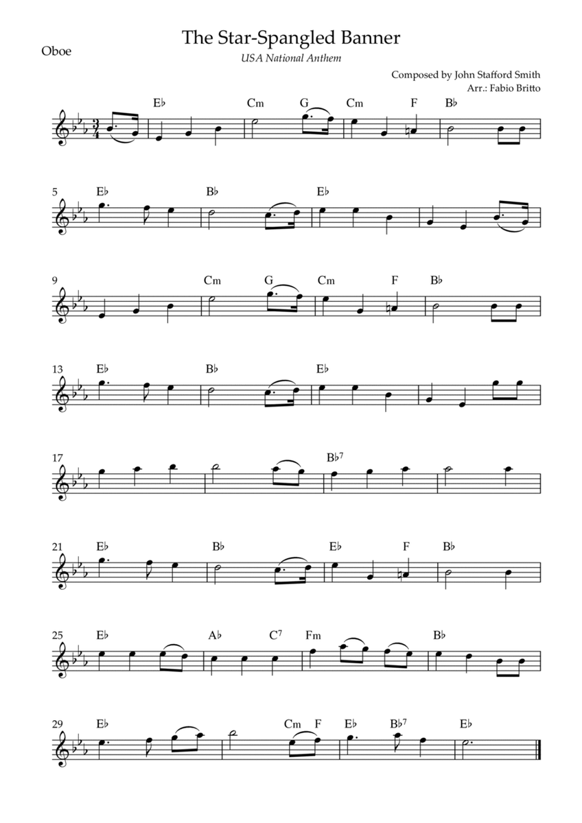 The Star Spangled Banner (USA National Anthem) for Oboe Solo with Chords (Eb Major)