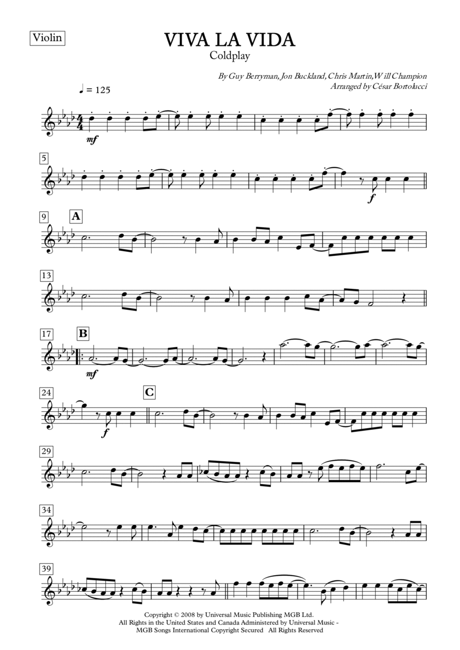 Viva La Vida Viva La Vida Violin Solo scores gallery preview page 1