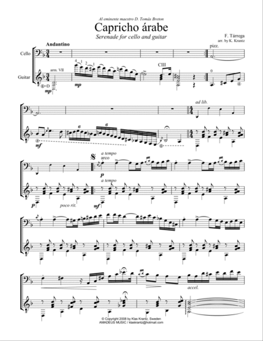 Capricho arabe/Capricho árabe for cello and guitar String Duet scores gallery preview page 2