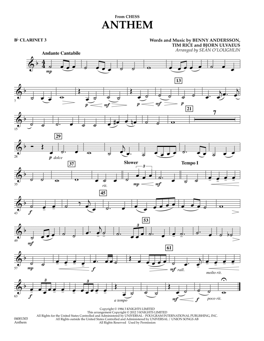Anthem (from Chess) - Bb Clarinet 3 Concert Band scores gallery preview page 1