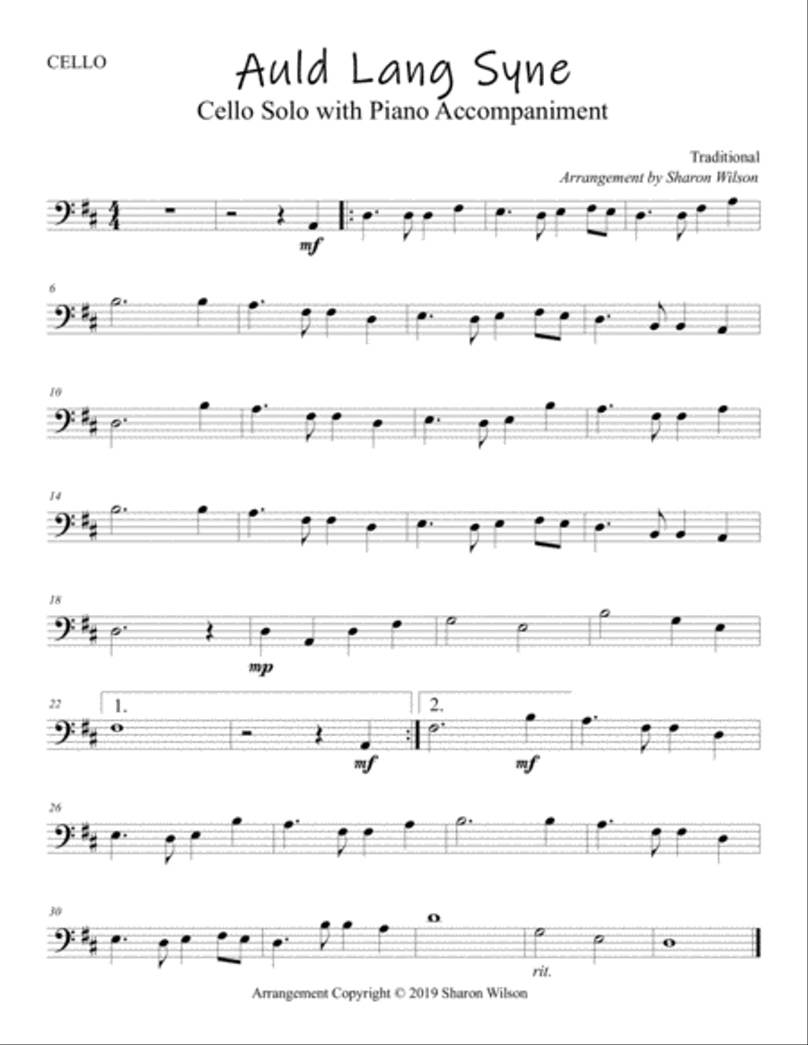 Auld Lang Syne (Easy Cello Solo with Piano Accompaniment) Piano scores gallery preview page 2