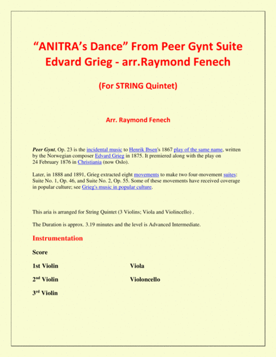 Anitra's Dance - From Peer Gynt - String Quintet (3 Violins; Viola and Violoncello) image number null