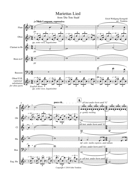 'Mariettas Lied' (Glück, das mir verblieb), arranged for Wind Quintet