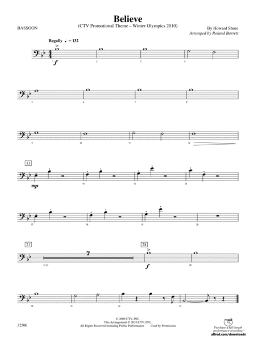 Believe (Winter Olympics 2010): Bassoon Concert Band scores gallery preview page 1