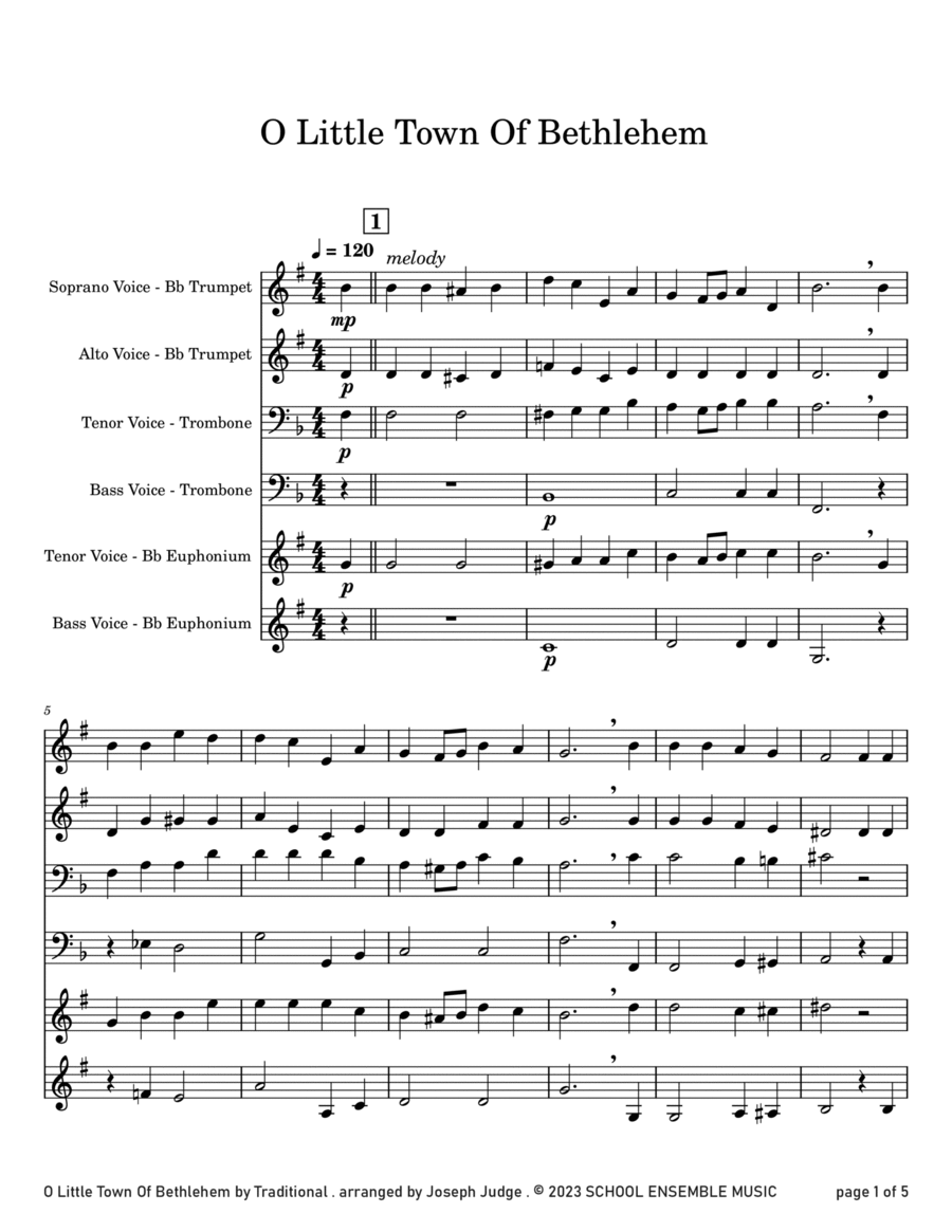 O Little Town Of Bethlehem for Brass Quartet in School Brass Quartet scores gallery preview page 1