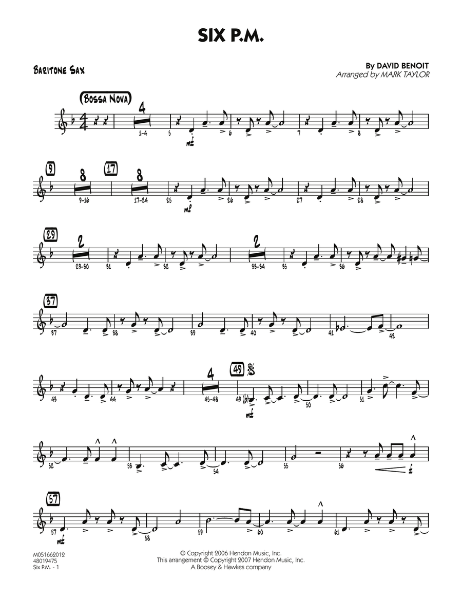 Six P.M. - Baritone Sax Jazz Ensemble scores gallery preview page 1
