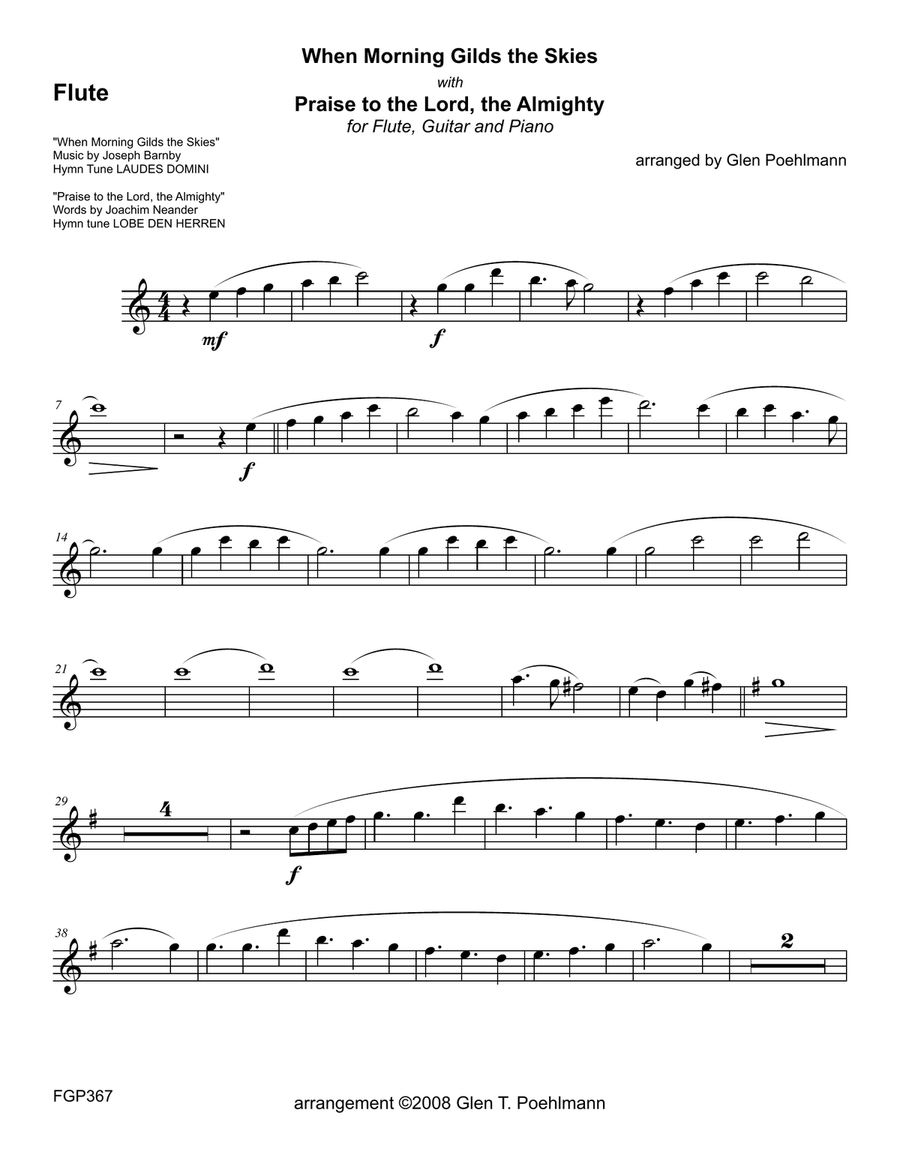 WHEN MORNING GILDS THE SKIES/PRAISE TO THE LORD, THE ALMIGHTY - Flute, Guitar & Piano (Flute Gr 2+) Flute scores gallery preview page 6