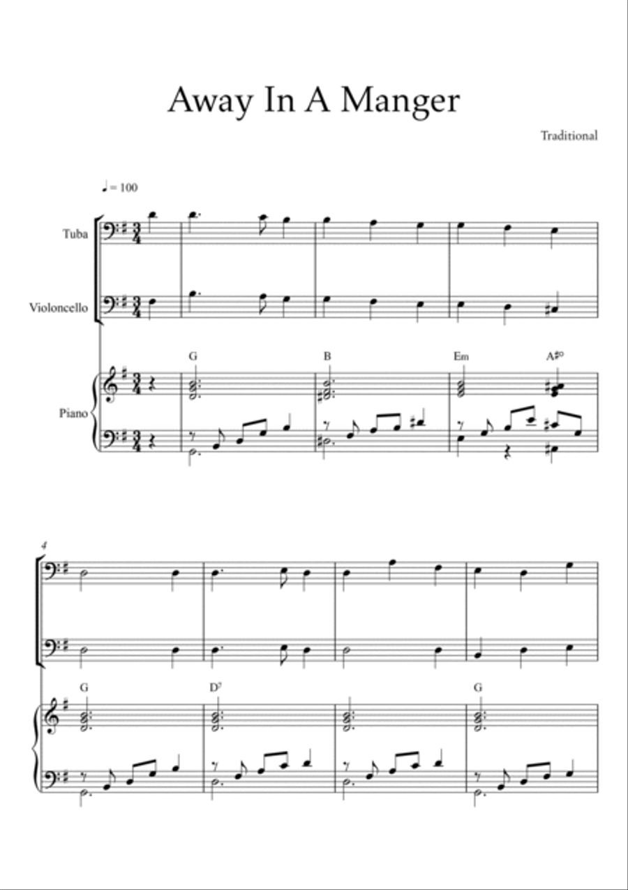 Traditional - Away in a Manger - (Trio Piano, Tuba and Violoncello) with chords Small Ensemble scores gallery preview page 2