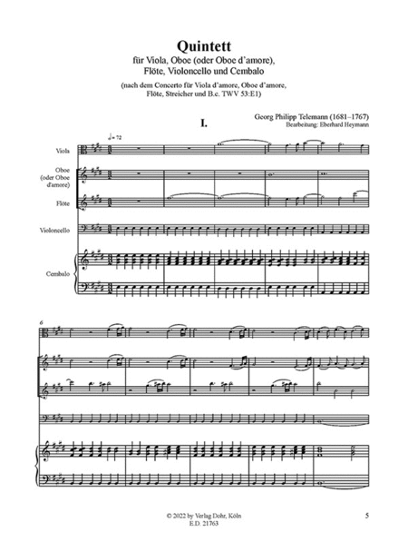 Quintett für Viola, Oboe (oder Oboe d'amore), Flöte, Violoncello und Cembalo E-Dur (nach dem Konzert für Viola d'amore TWV 53:E1)