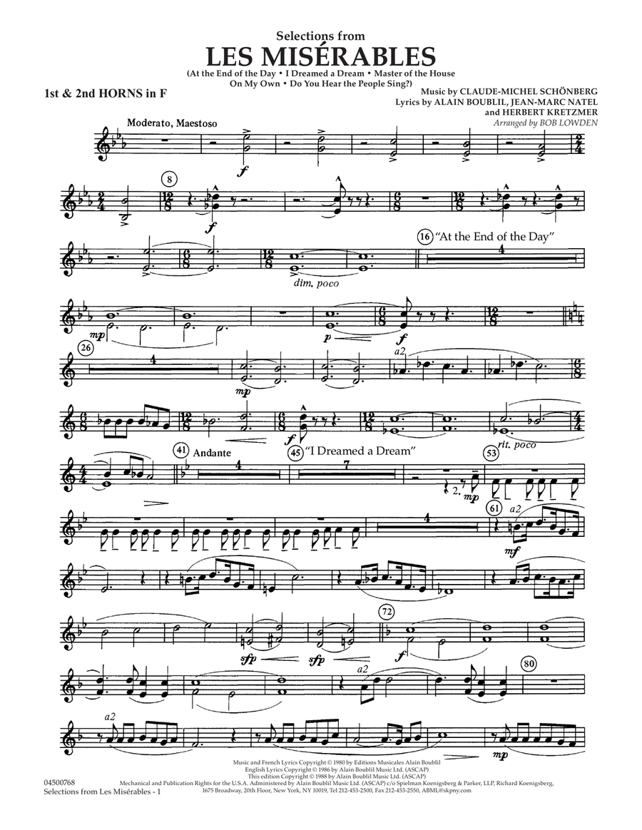 Selections from Les Miserables (arr. Bob Lowden) - F Horn 1 & 2 Full Orchestra scores gallery preview page 1