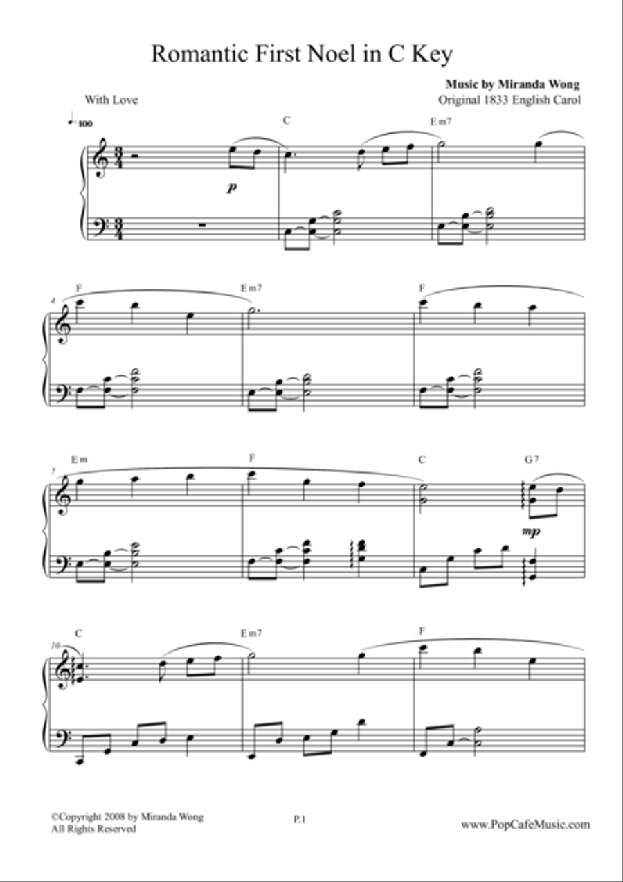 Romantic First Noel in C Key - Touching Version Easy Piano scores gallery preview page 1