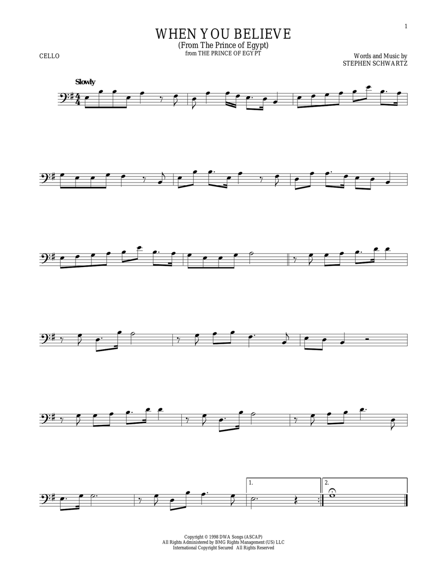 When You Believe (from The Prince Of Egypt) Cello Solo scores gallery preview page 1
