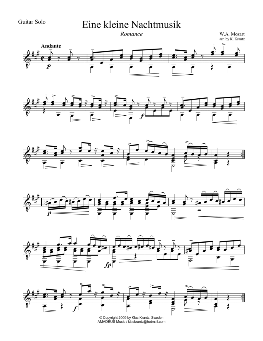 Romance from Eine kleine Nachtmusik guitar solo Acoustic Guitar scores gallery preview page 1