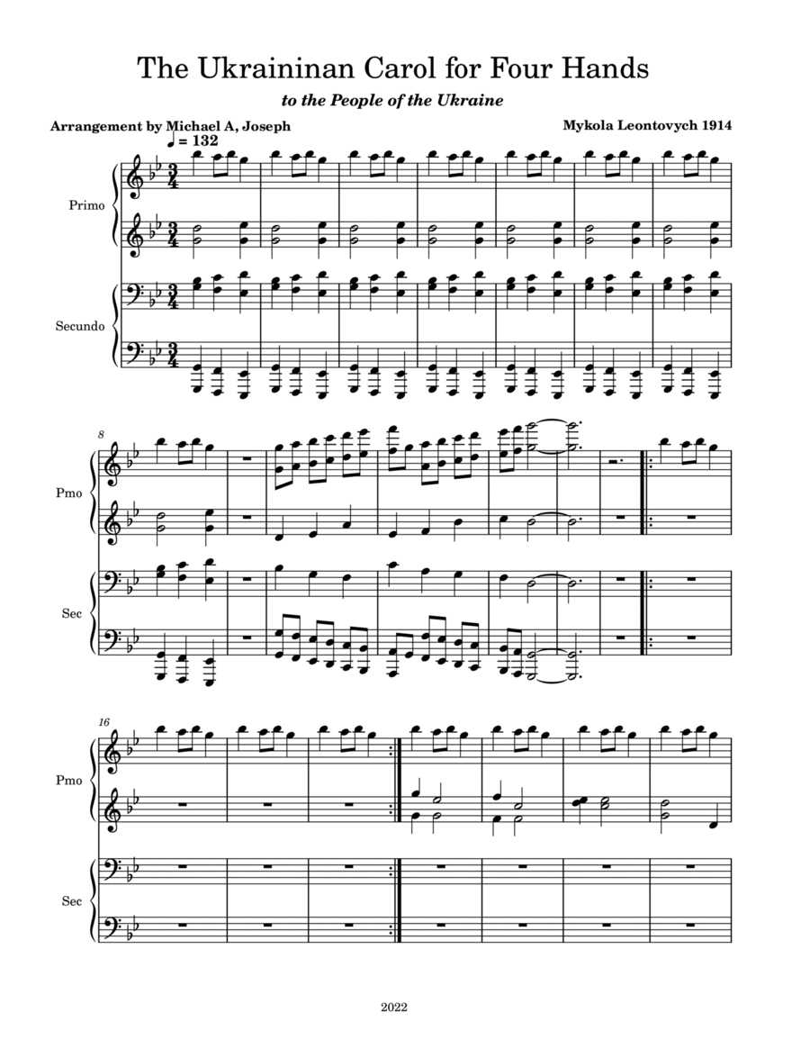 The Ukrainian Carol 1 Piano, 4-Hands scores gallery preview page 1