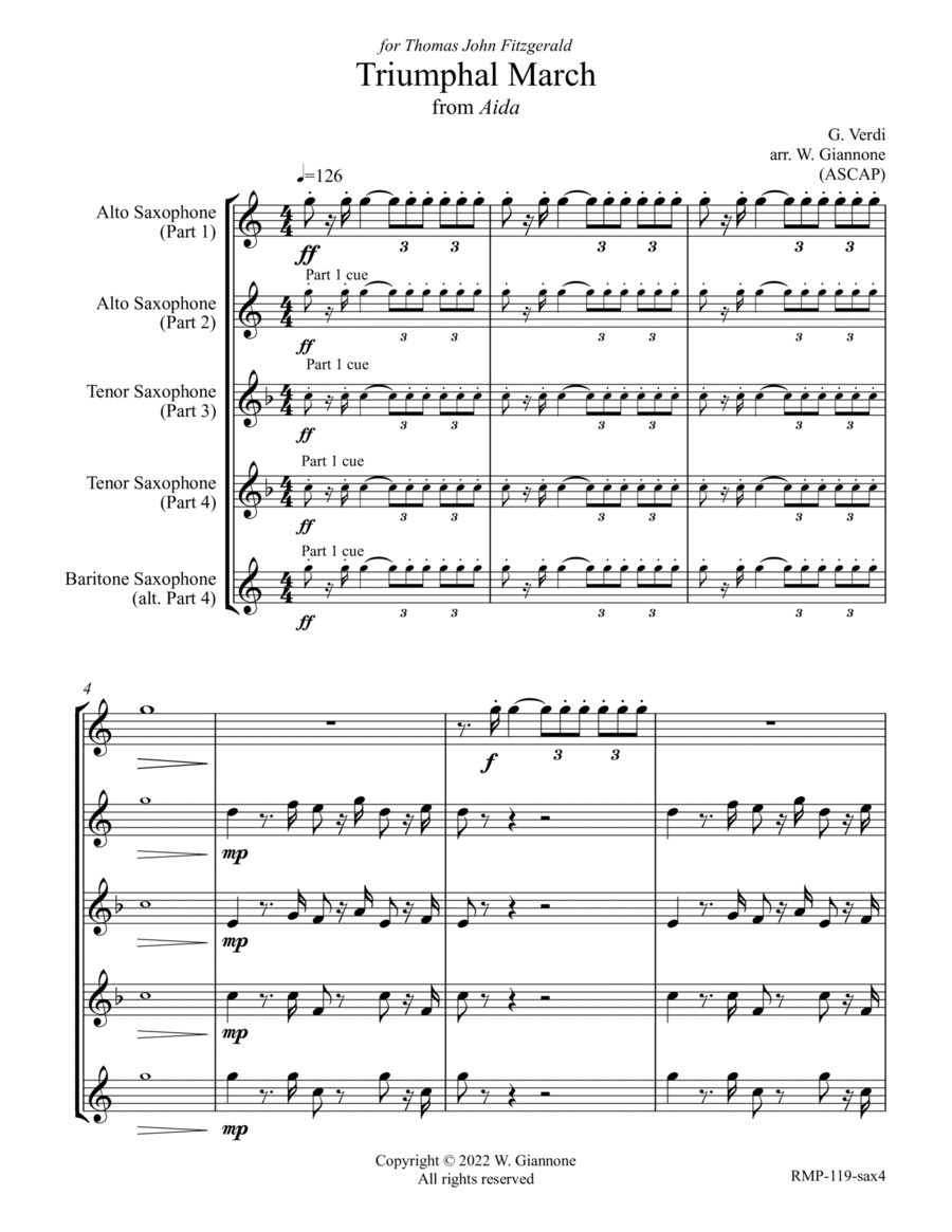 Verdi - Triumphal March (from Aida for Sax Quartet) Saxophone Quartet scores gallery preview page 1