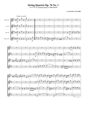 Book cover for String Quartet Op. 76 No. 1 for Saxophone Quartet (SATB)