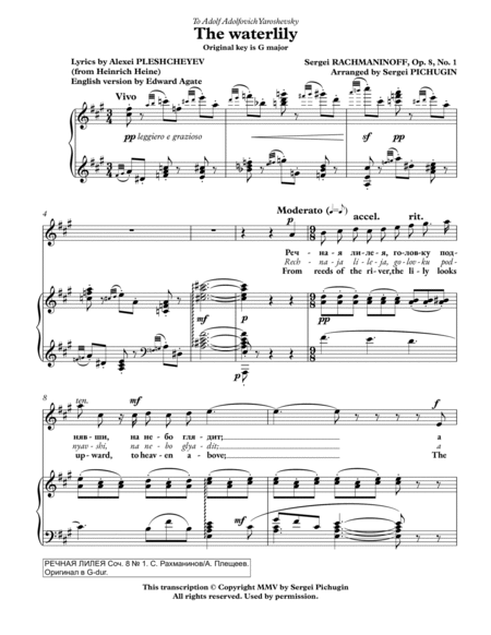 RACHMANINOFF Sergei: The waterlily, an art song with transcription and translation (A major)