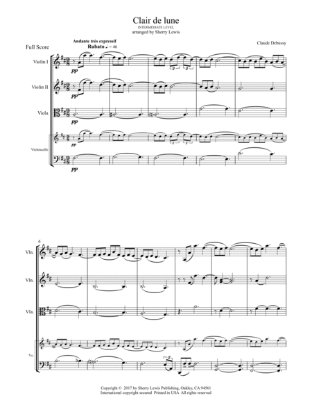 CLAIR DE LUNE String Quartet intermediate level for 2 violins, viola and cello image number null