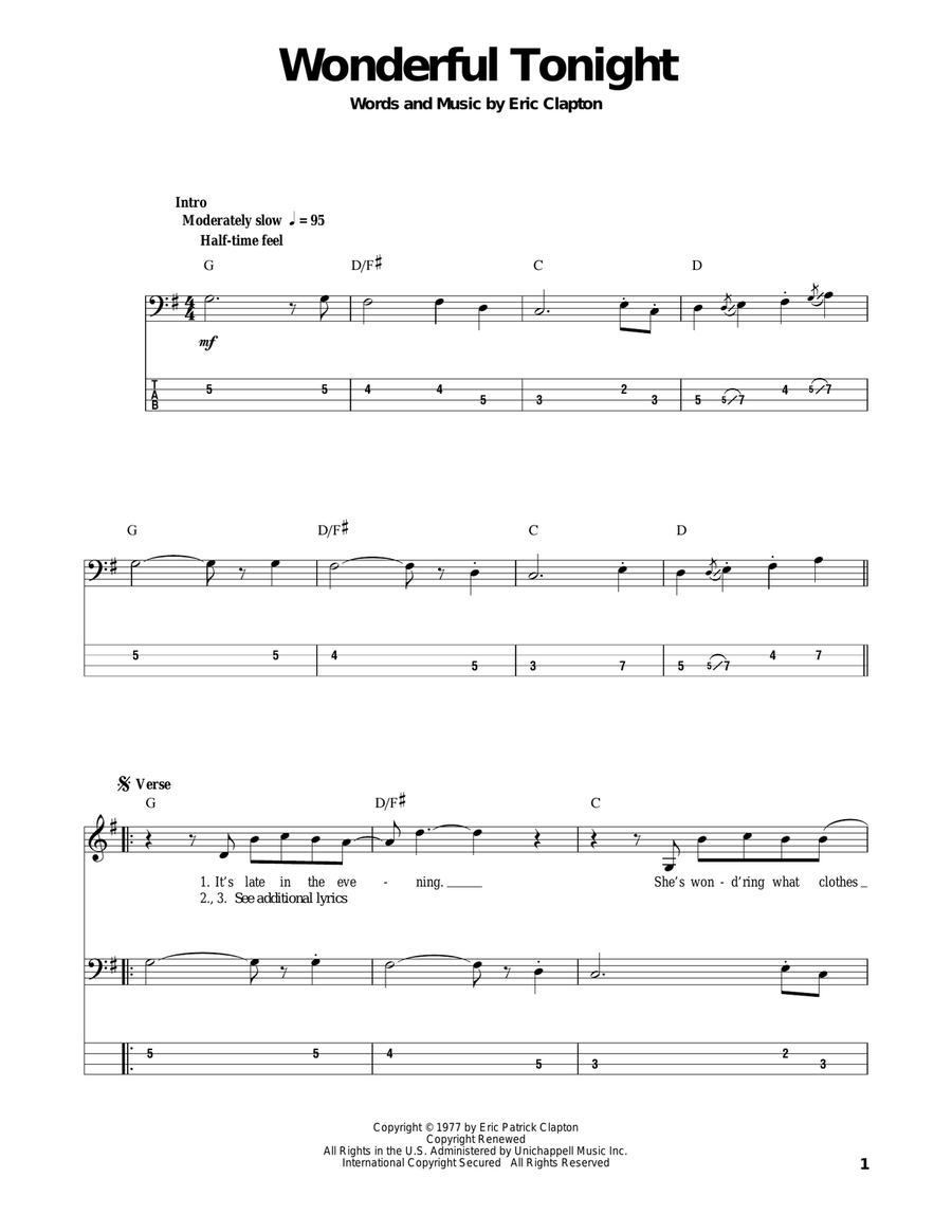 Wonderful Tonight Bass Guitar Tablature scores gallery preview page 1