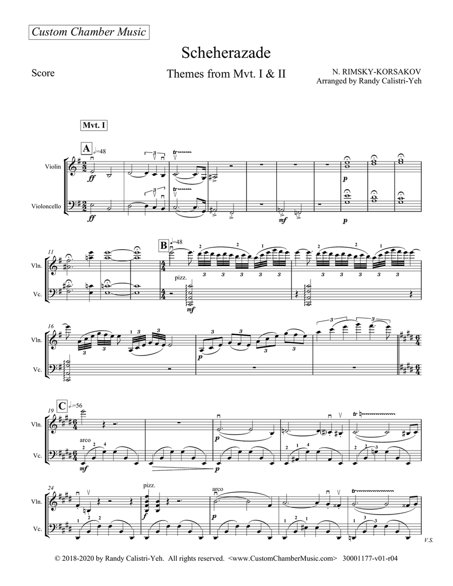 Rimsky-Korsakov - Scheherazade: Themes from Mvts 1 & 2 (violin/cello duet) String Duet scores gallery preview page 1