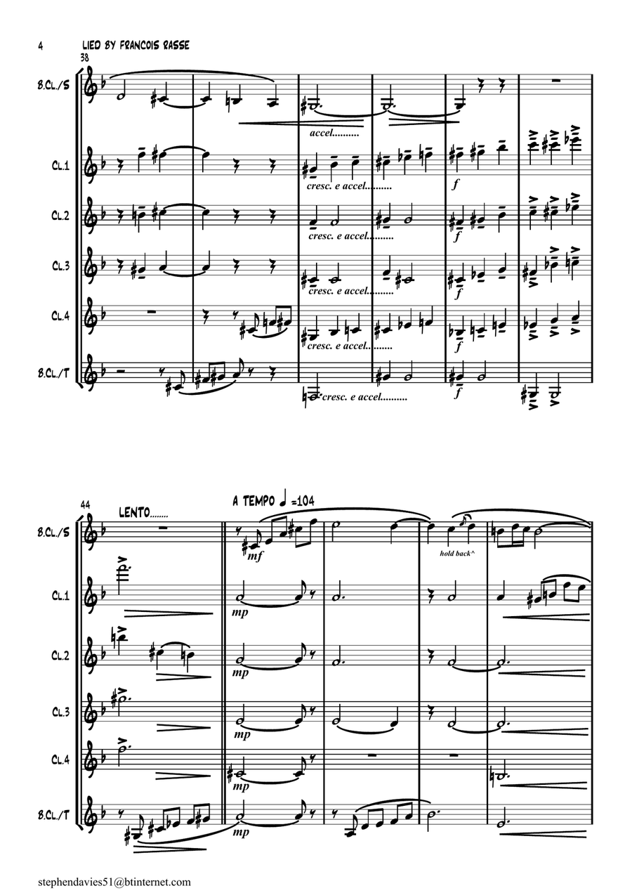 'Lied' (Song) By Francois Rasse for Solo Bass Clarinet & Clarinet Quintet Clarinet Quintet scores gallery preview page 4