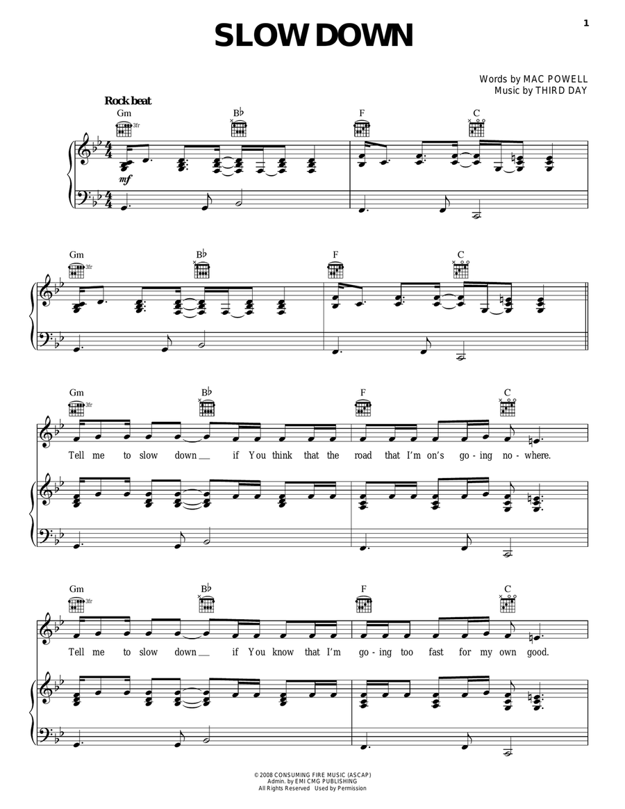 Slow Down Slow Down Piano, Vocal, Guitar scores gallery preview page 1