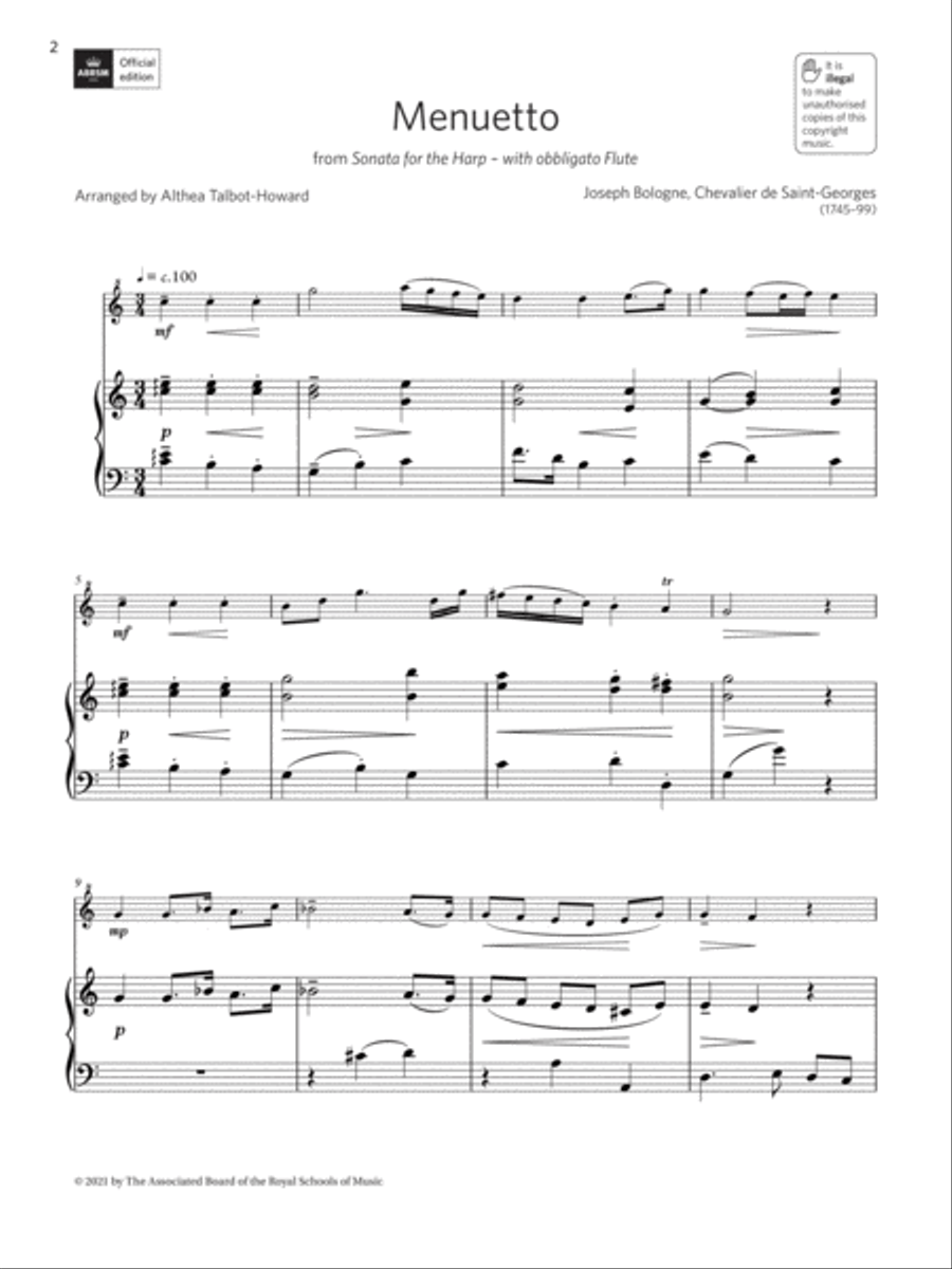 Menuetto from Sonata for the Harp (Grade 2 A6 from the ABRSM Descant Recorder syllabus from 2022) Soprano Recorder scores gallery preview page 2