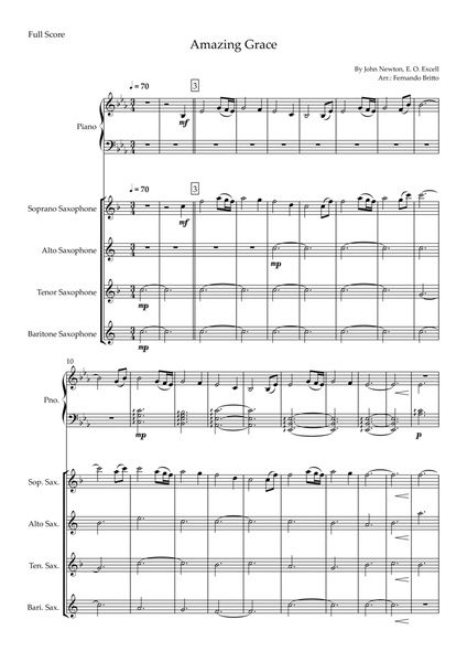 Amazing Grace (John Newton, E. O. Excell) for Saxophone Quartet and Piano Accompaniment with Chords image number null