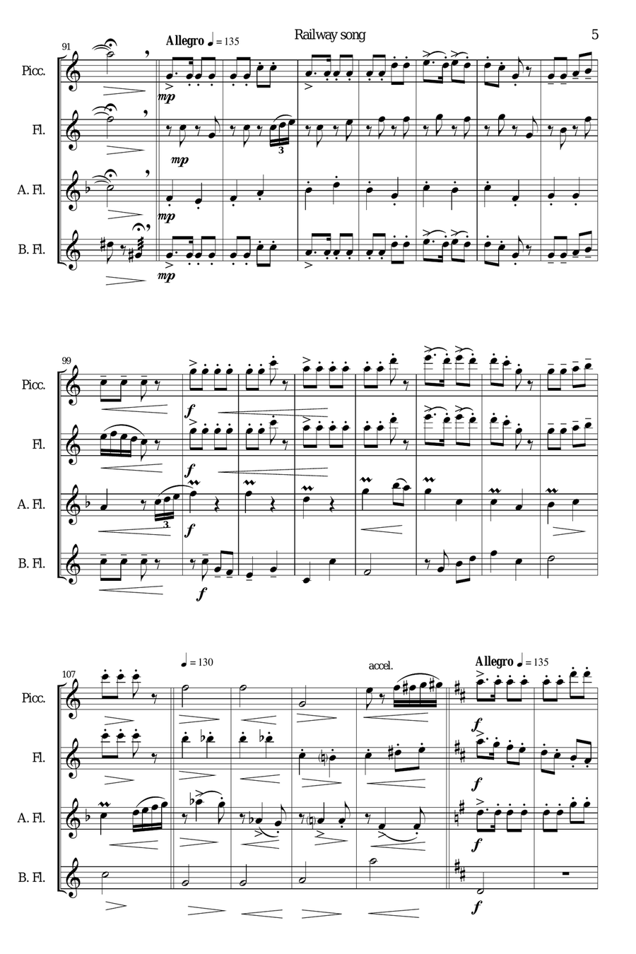 Railway Song (Auf de schwäb'sche Eisebahne) for piccolo, flute, alto flute and bass flute Piccolo scores gallery preview page 5