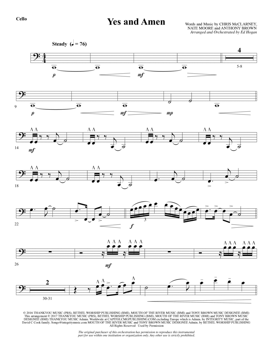 Yes and Amen - Cello Yes and Amen - Cello Choir scores gallery preview page 1