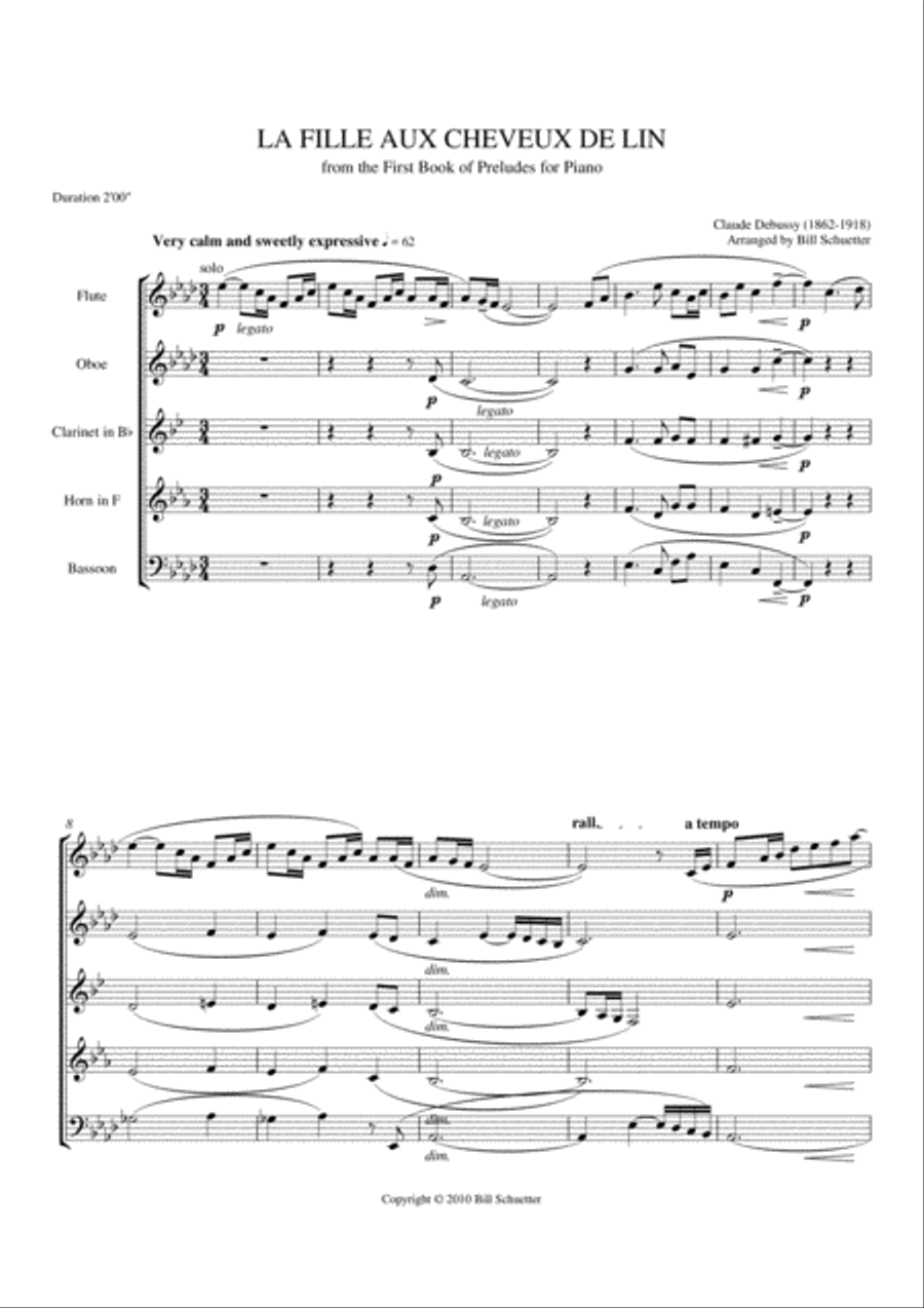 La fille aux cheveux de lin Woodwind Quintet scores gallery preview page 1