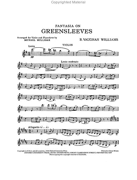 Fantasia on Greensleeves by Ralph Vaughan Williams Violin Solo - Sheet Music