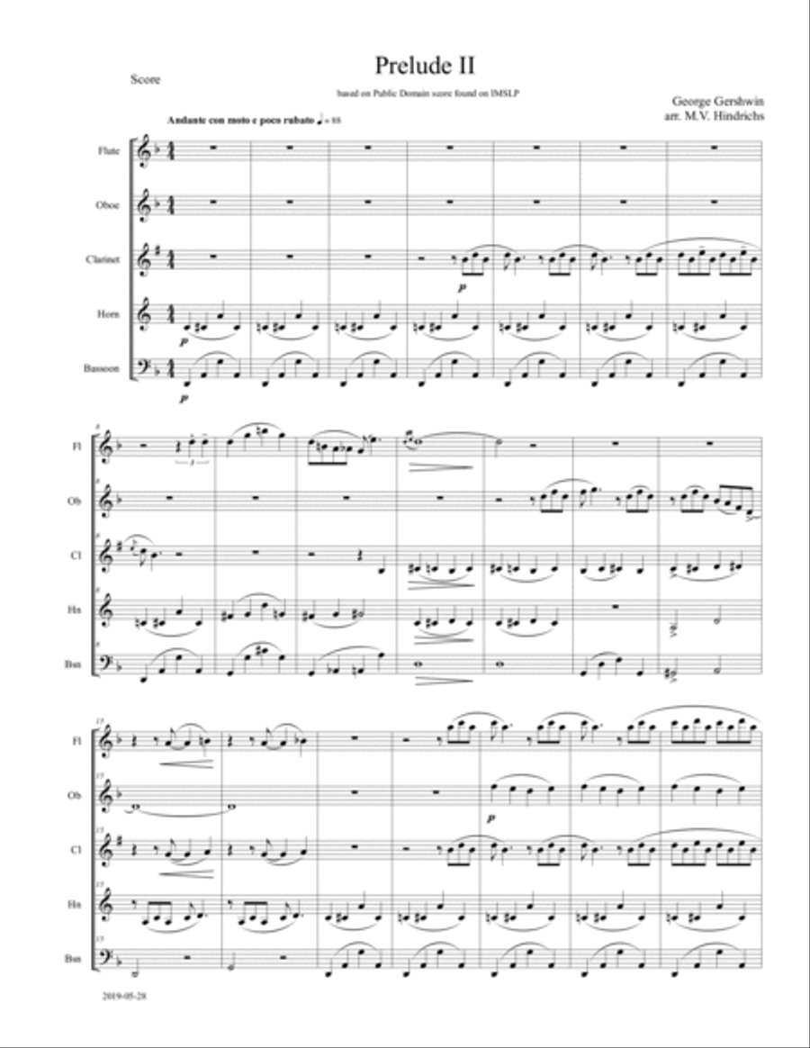 Gershwin Piano Prelude #2 (A Blues Lullaby) Woodwind Quintet scores gallery preview page 1