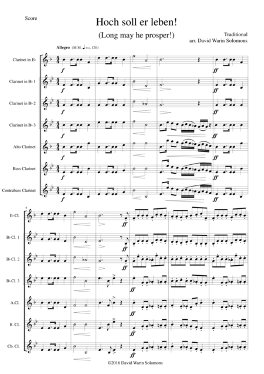 Hoch soll er leben (Long may he prosper) for clarinet choir Clarinet Choir scores gallery preview page 1