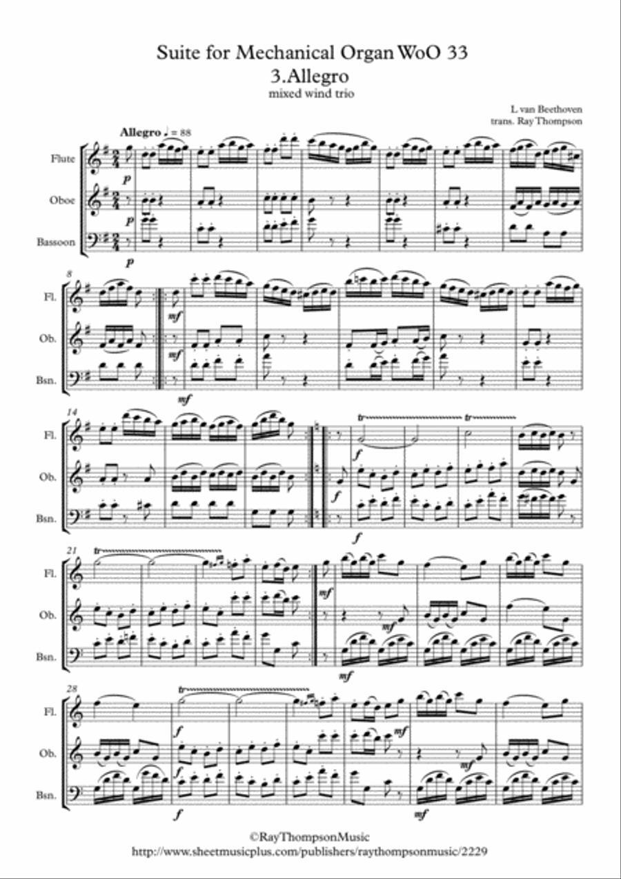 Beethoven: Suite for Mechanical Organ (Clock) WoO 33 Mvt. 3 Allegro - mixed wind trio Woodwind Trio scores gallery preview page 1