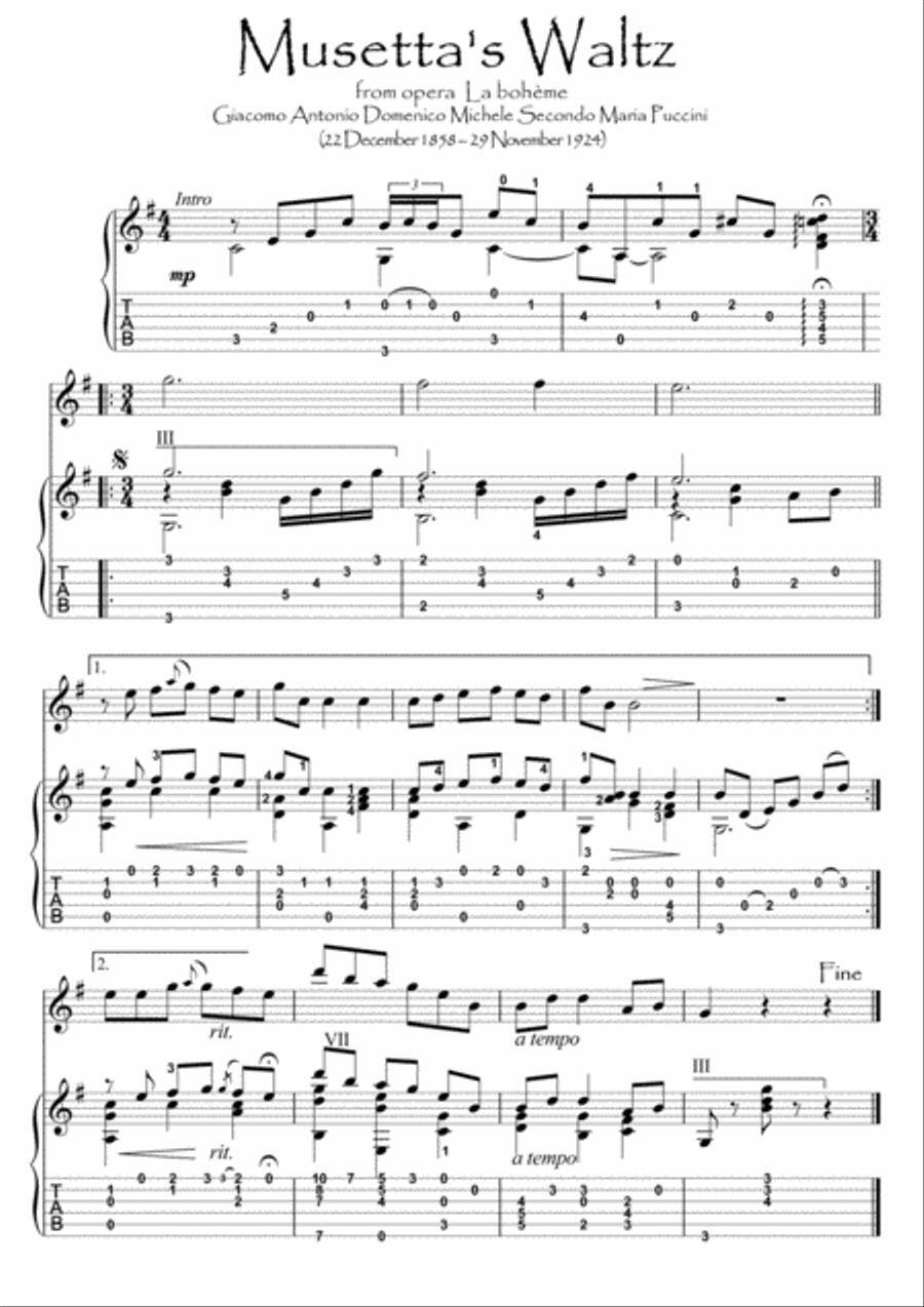 Musetta Waltz Violin guitar duet Musetta Waltz Violin guitar duet String Duet scores gallery preview page 1