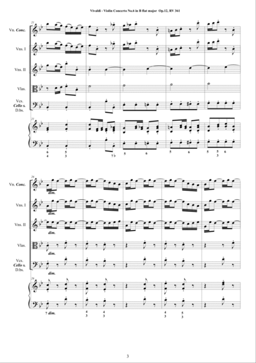 Vivaldi - Violin Concerto No.6 in B flat major Op.12 RV 361 for Violin, Strings and Cembalo Chamber Orchestra scores gallery preview page 3