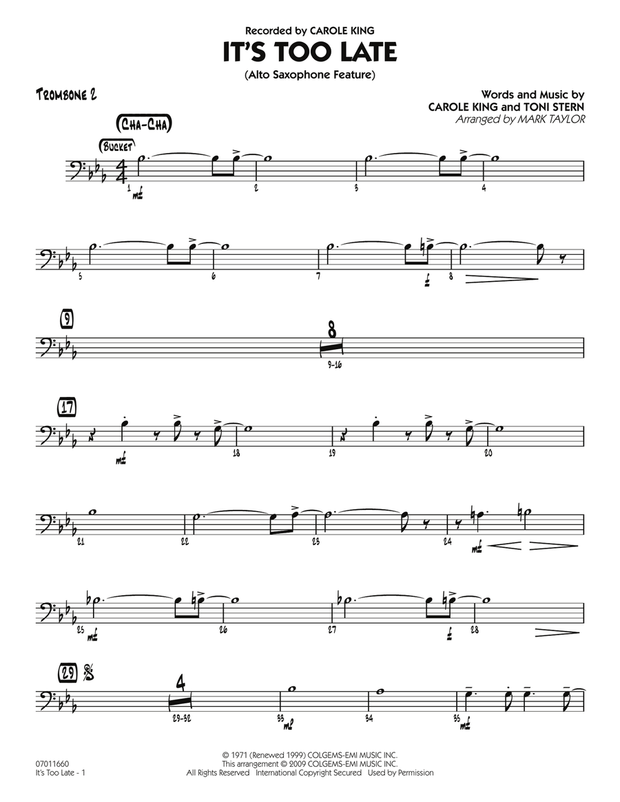It's Too Late (Alto Saxophone Feature) - Trombone 2 Jazz Ensemble scores gallery preview page 1