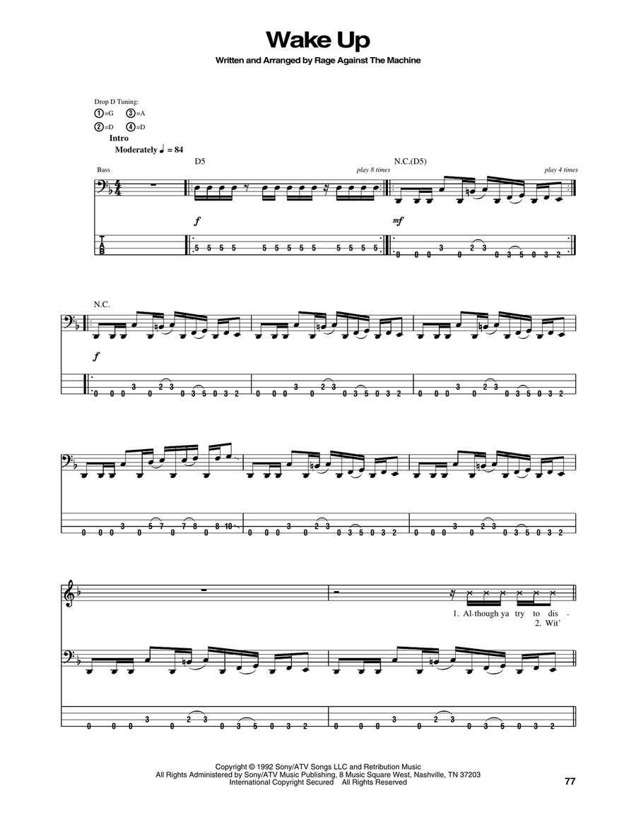 Wake Up Bass Guitar Tablature scores gallery preview page 1