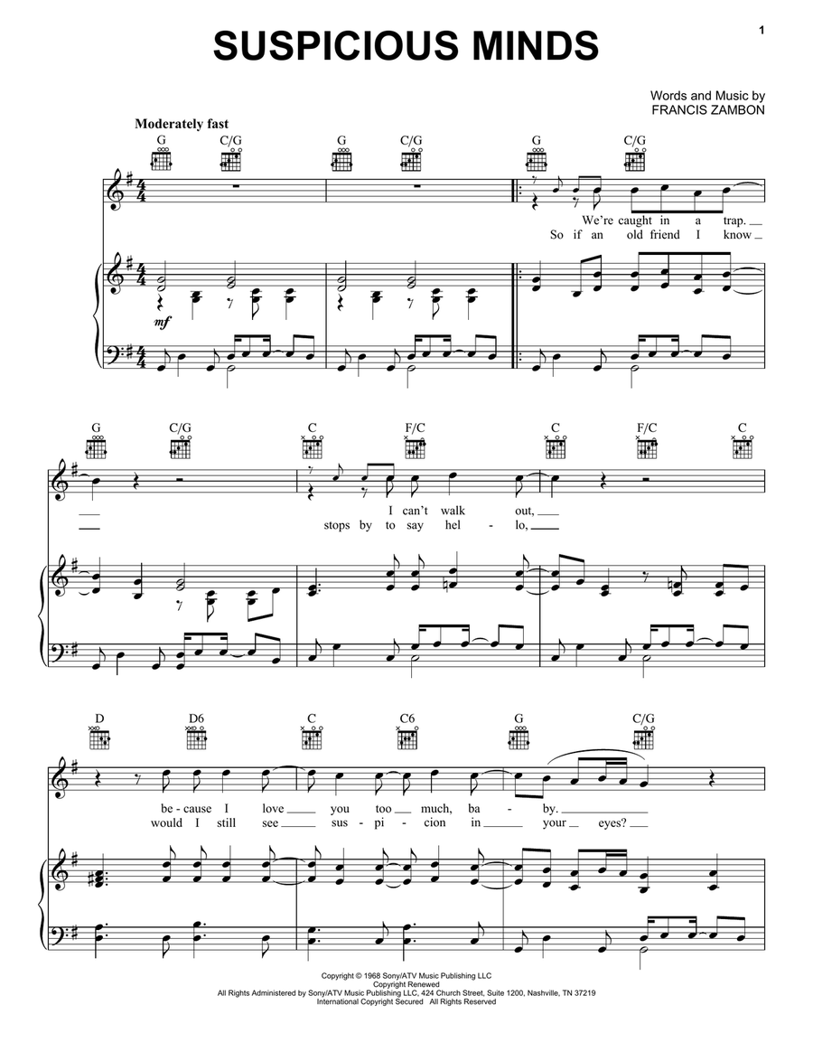 Suspicious Minds Suspicious Minds Piano, Vocal, Guitar scores gallery preview page 1