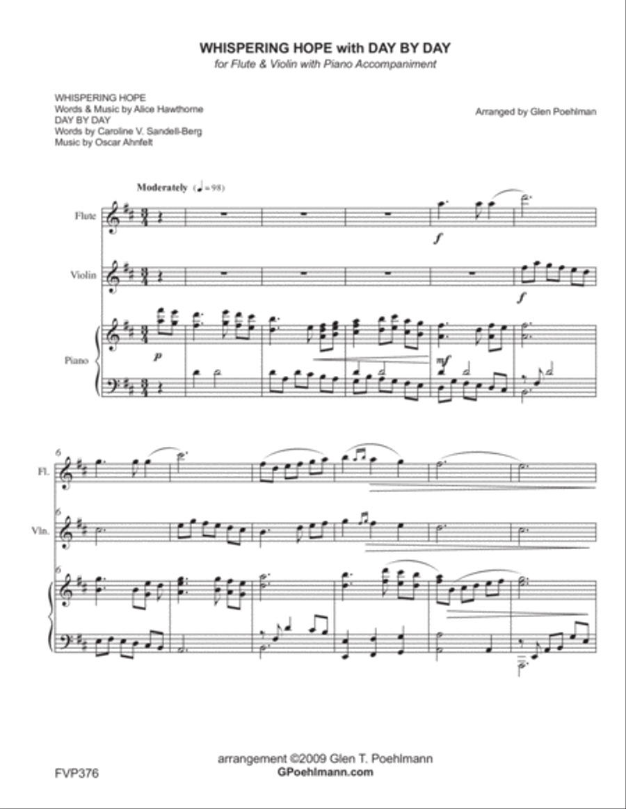 WHISPERING HOPE/DAY BY DAY - FLUTE & VIOLIN with Piano Accompaniment Small Ensemble scores gallery preview page 1