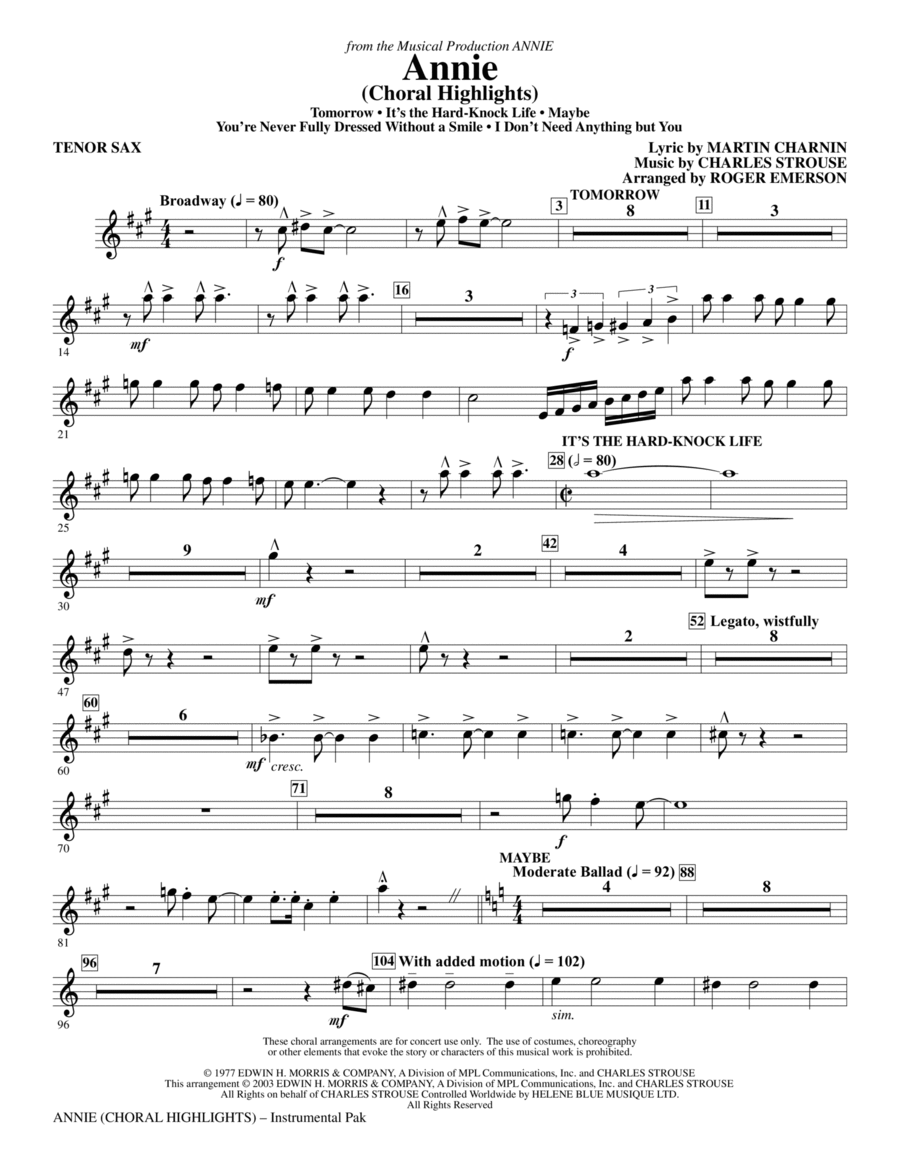 Annie (Choral Highlights) (arr. Roger Emerson) - Bb Tenor Sax