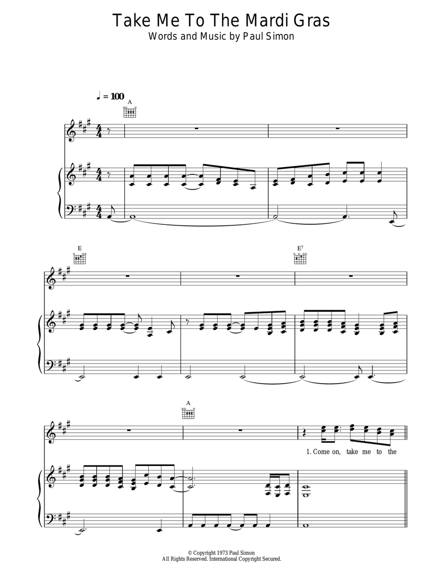 Take Me To The Mardi Gras Piano, Vocal, Guitar scores gallery preview page 1