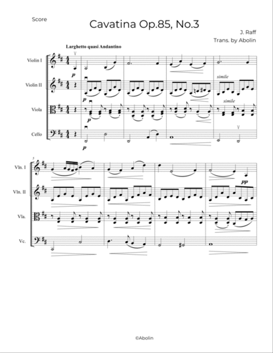 Raff: Cavatina, Op.85, No.3 - String Quartet String Quartet scores gallery preview page 2