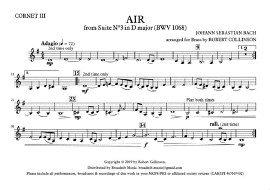 AIR FROM SUITE IN D (BWV 1068) (Bach) - March card parts (A5) only Brass Ensemble scores gallery preview page 3