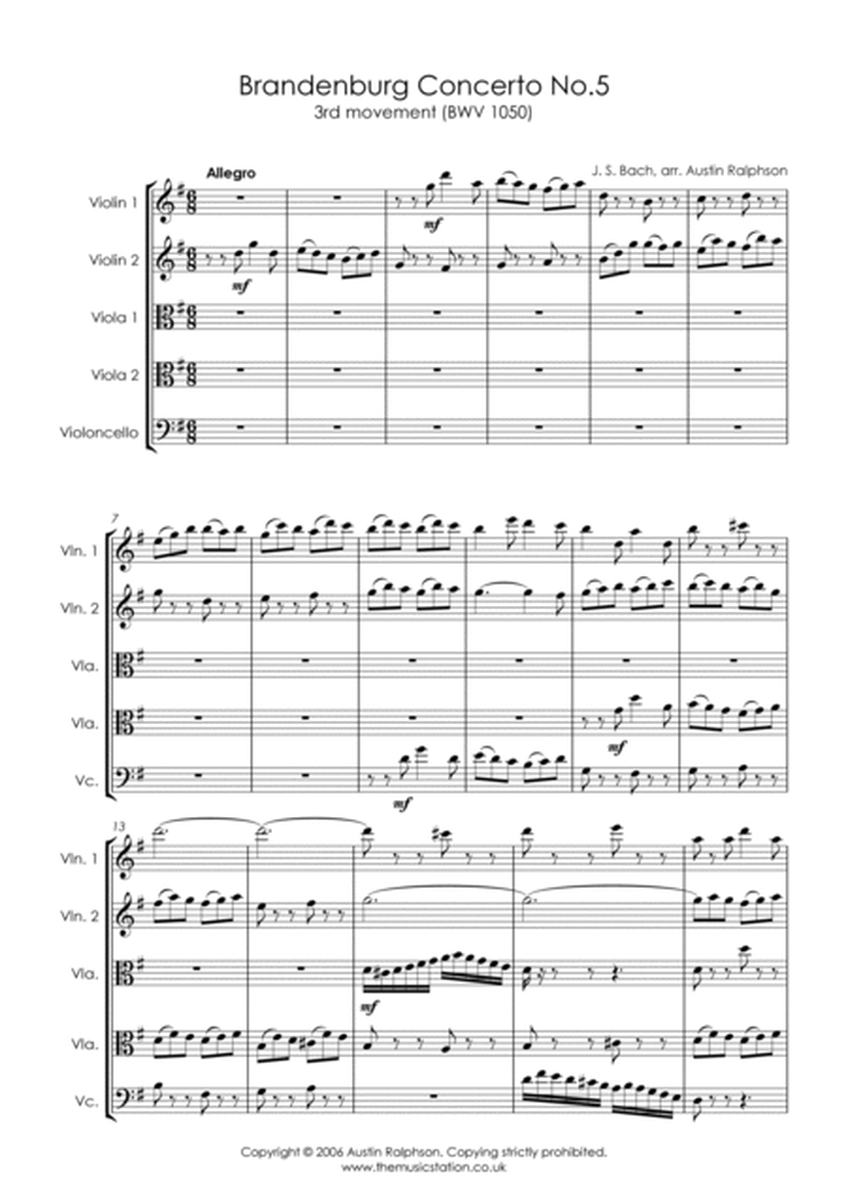 Brandenburg Concerto No.5, 3rd movement - string quintet image number null