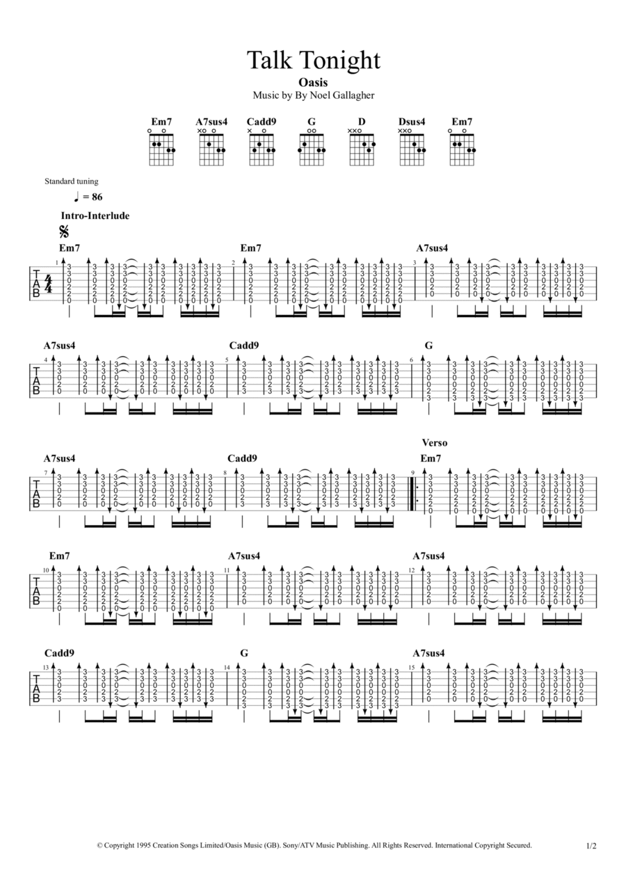 Talk Tonight Guitar Tablature scores gallery preview page 1