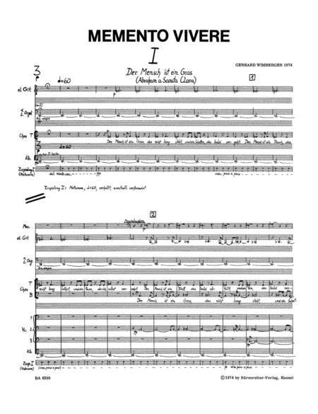 Memento vivere für Mezzosopran, Bariton, drei Sprechstimmen, gemischten Chor und Orchester (1974)