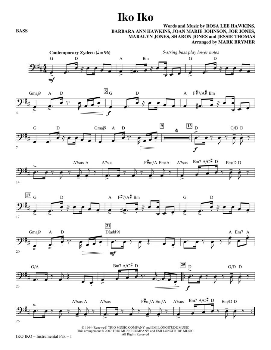 Iko Iko - Bass Iko Iko - Bass Choir scores gallery preview page 1