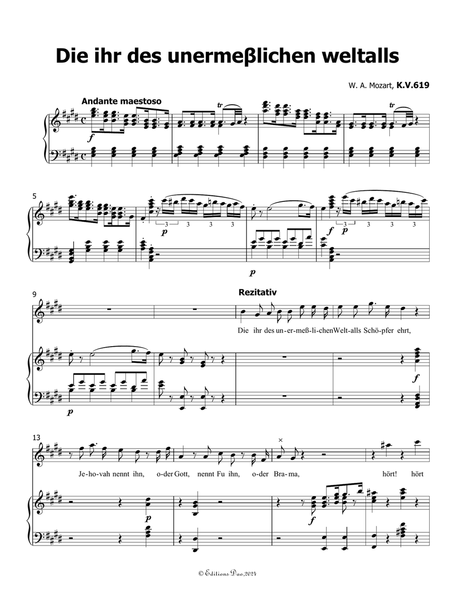 Die ihr des unermeβlichen weltalls, by Mozart, K.V.619, in E Major Piano, Vocal scores gallery preview page 3